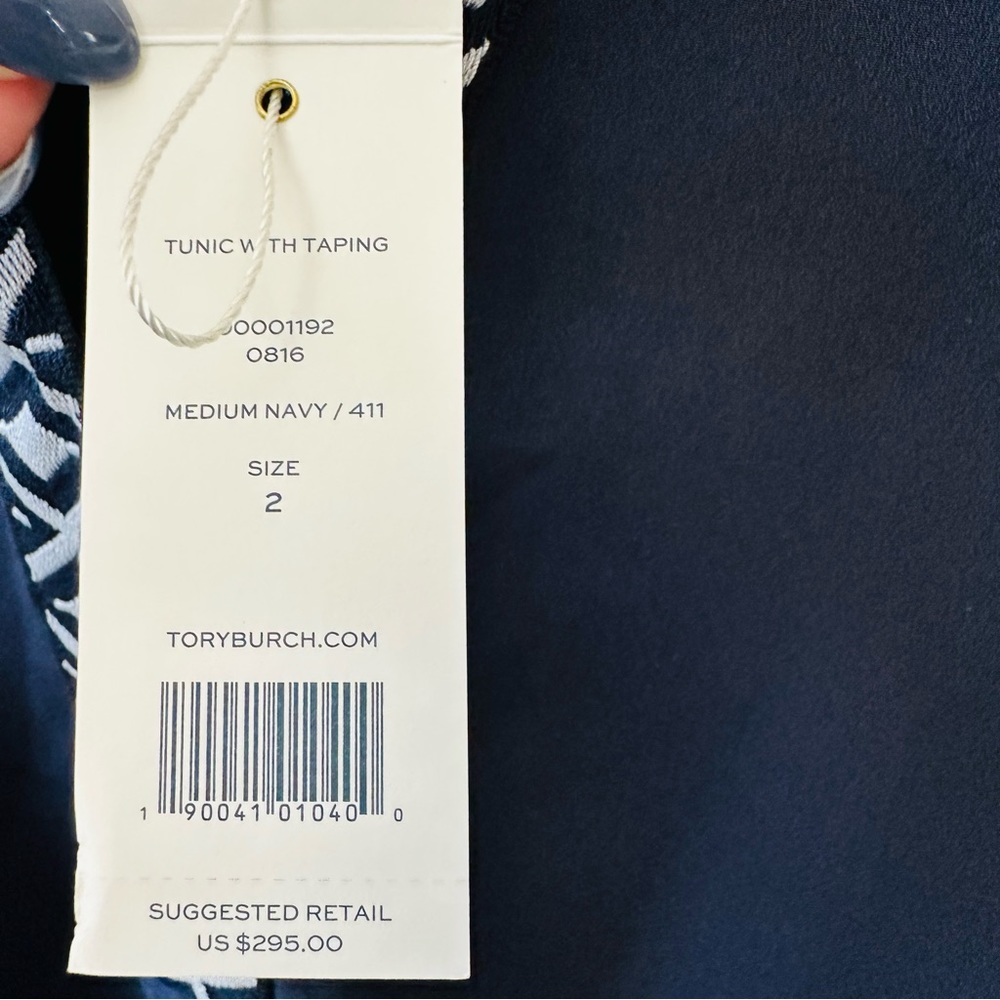 Tory Burch Embroidered Long Sleeve Tunic Top Navy Blue White Womens Size 2 - Picture 9 of 9